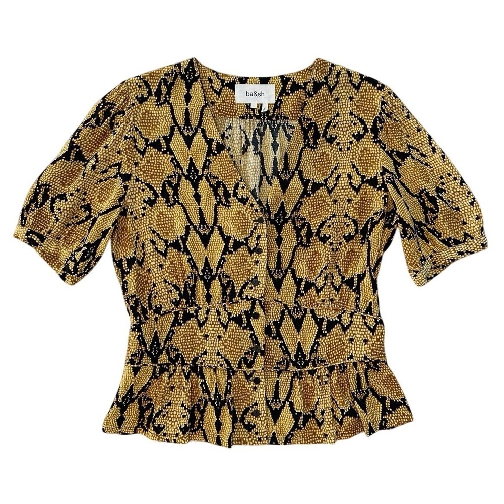 ba&sh Cleo Blouse Ocre Snake Print V-Neck Peplum Top Size L Viscose Puff Sleeve